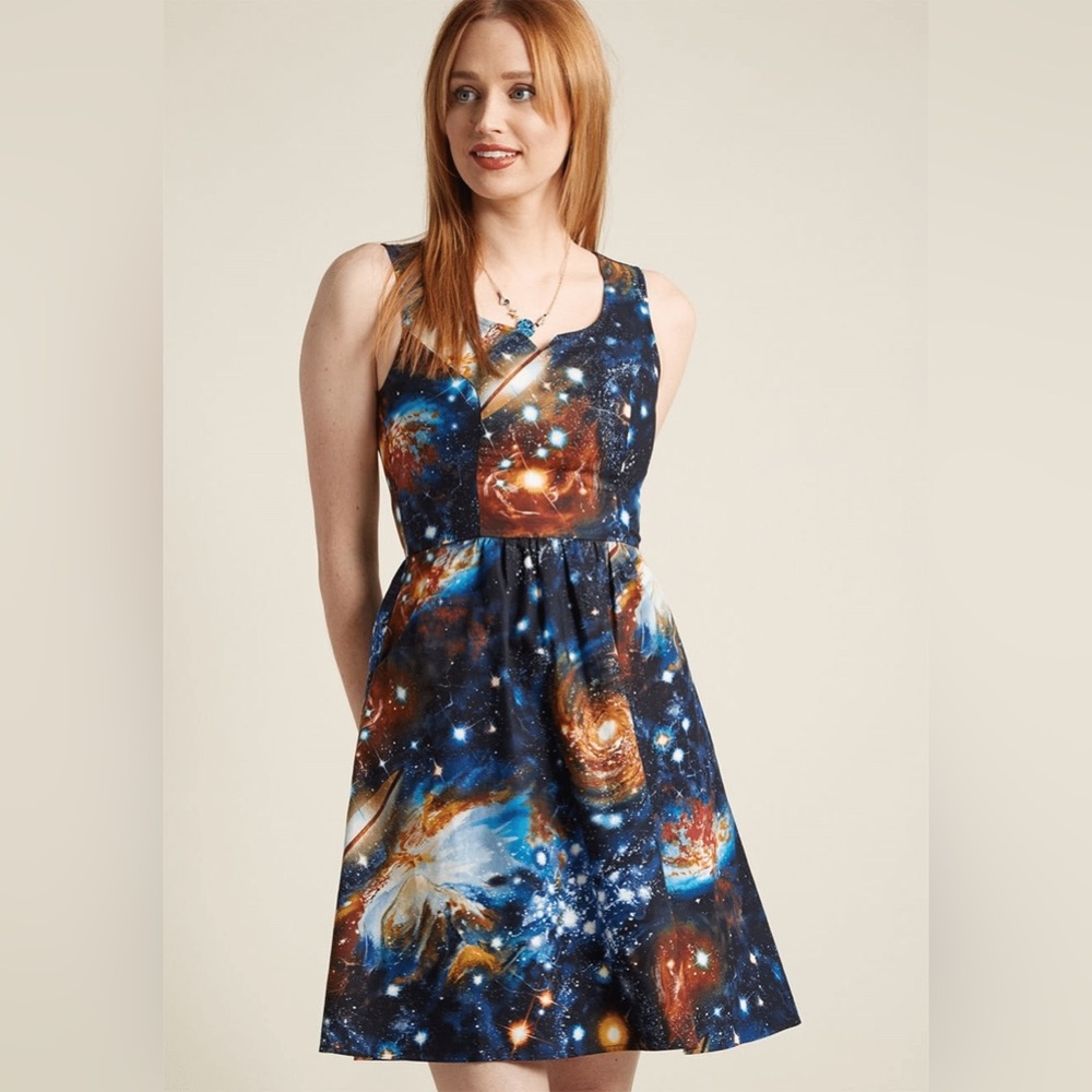 Fervour Modcloth Galaxy Universe Skater Sleeveless Dress With Pockets